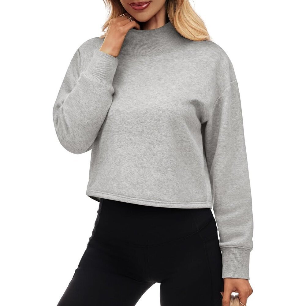 Women's Fleece-Lined Cotton-Polyester Cropped Mock Neck Sweatshirt Casual